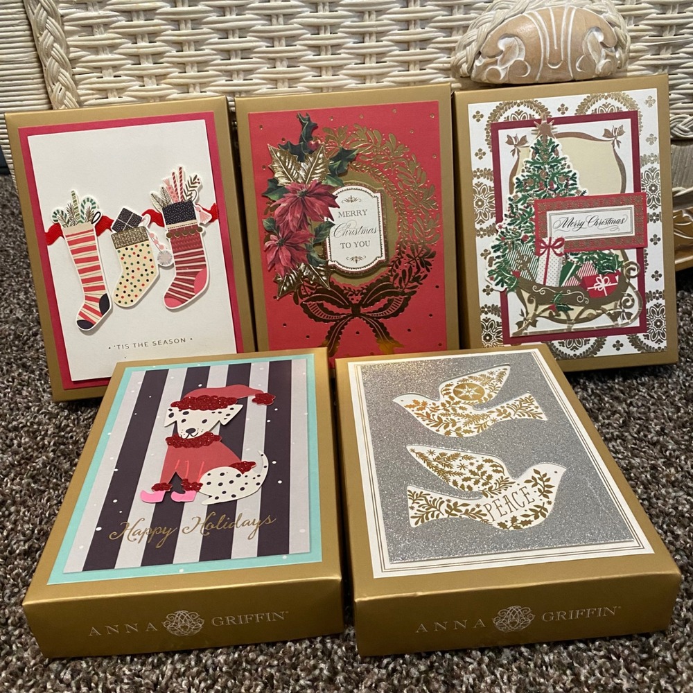 New Sealed Anna Griffin 5 sets (50ct) handmade Holiday Cards Envelopes Christmas